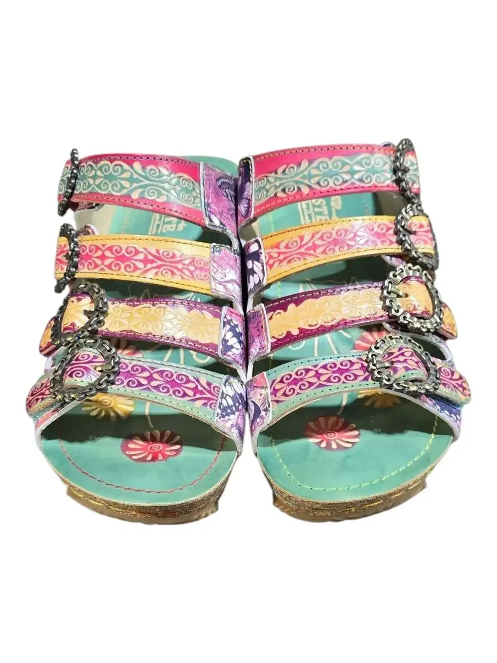 L'Artiste by Spring Step Blessing Floral Butterfly Embossed Leather Wedge Slides